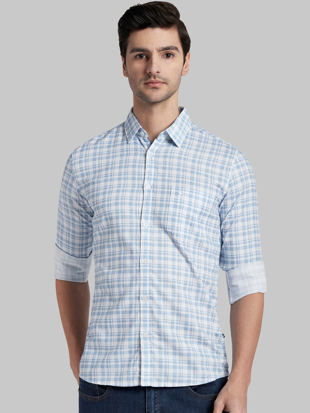 

Parx Men Blue & White Slim Fit Checked Casual Shirt