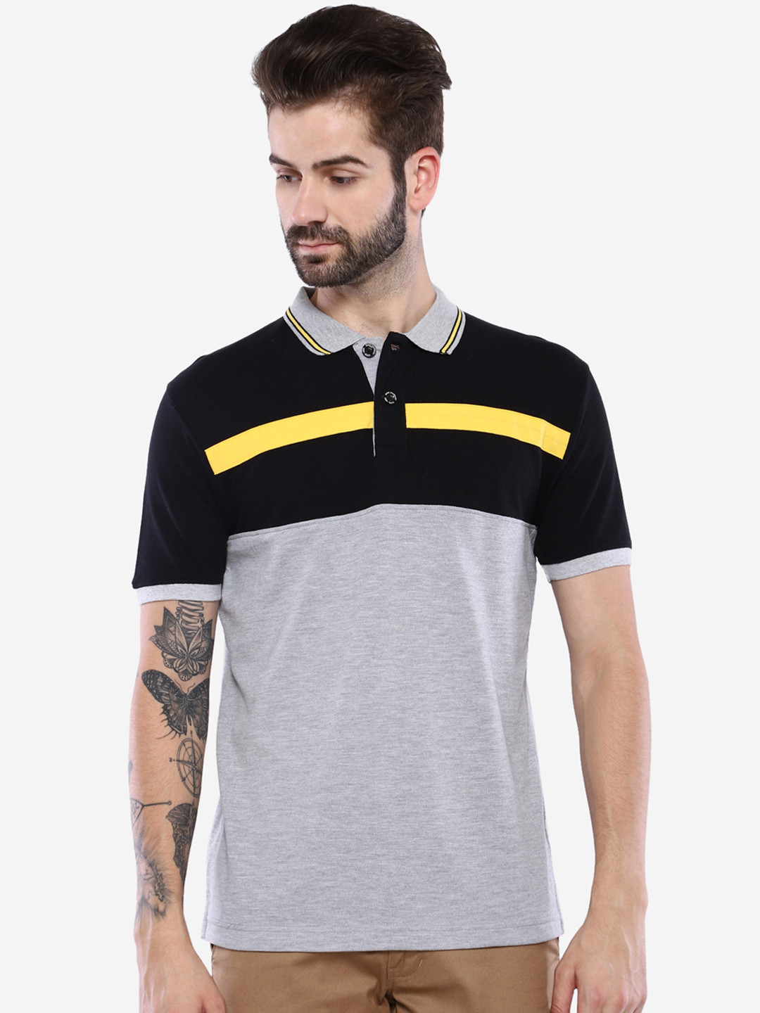 

Duke Men Grey & Navy Blue Colourblocked Polo Collar T-shirt