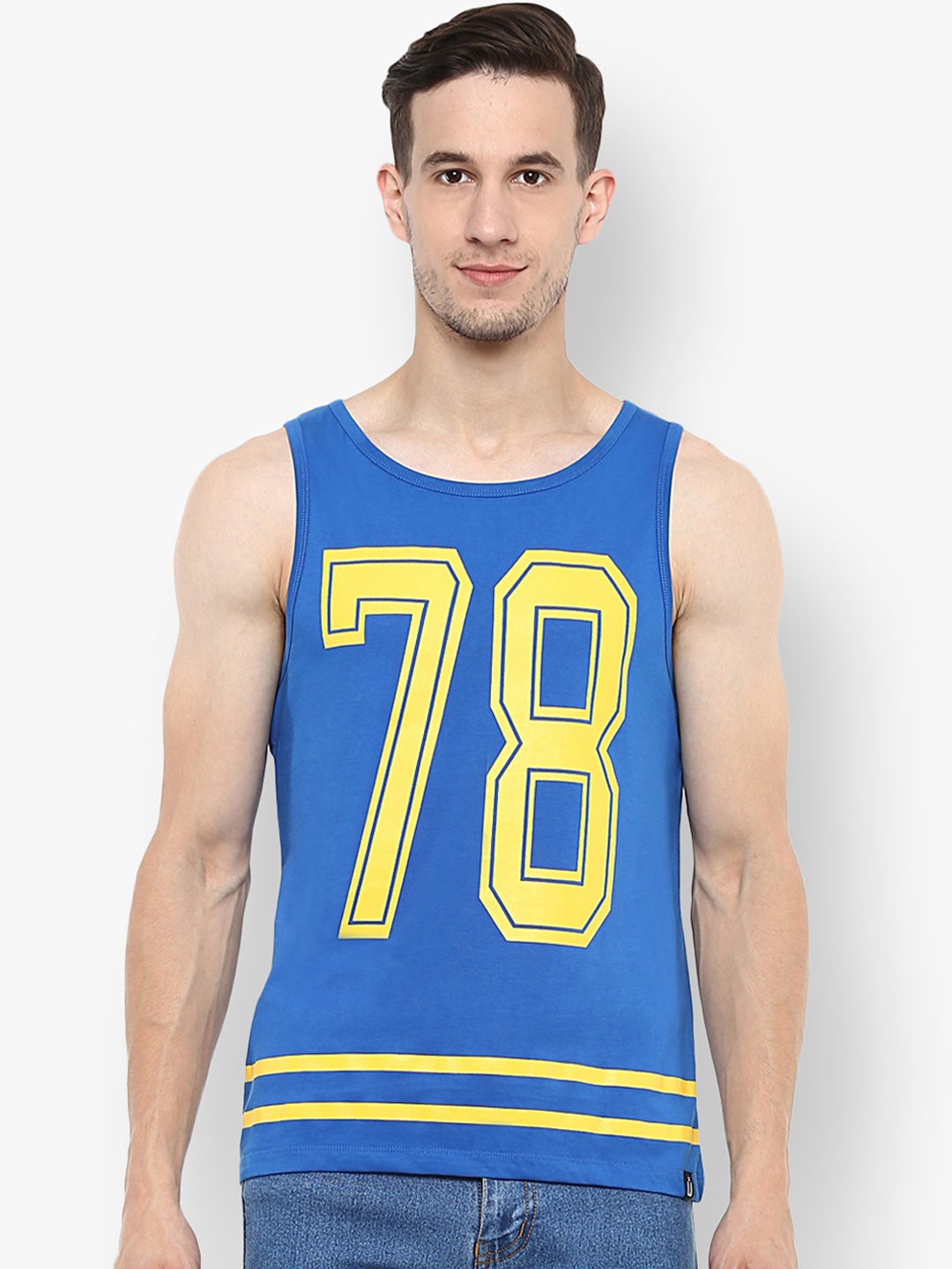 

Urbano Fashion Men Blue Yellow Printed Round Neck Pure Cotton T-shirt