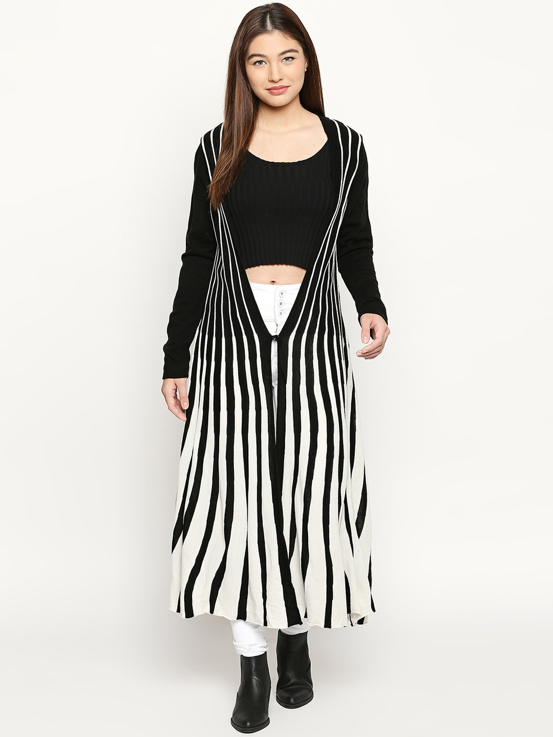 

RANGMANCH BY PANTALOONS Women Black & White Striped Waterfall Shrug