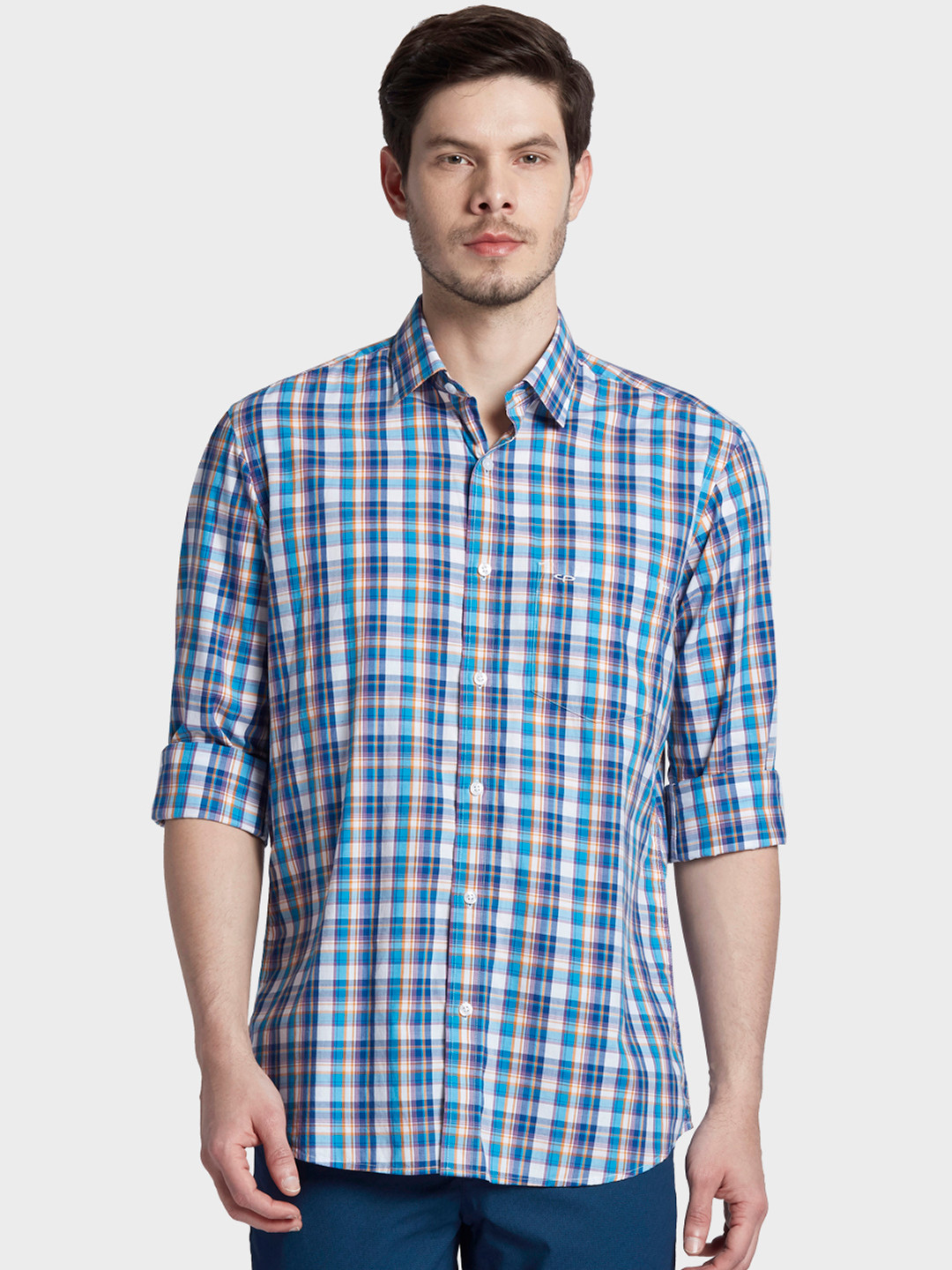 

ColorPlus Men Blue & Orange Tailored Fit Checked Casual Shirt