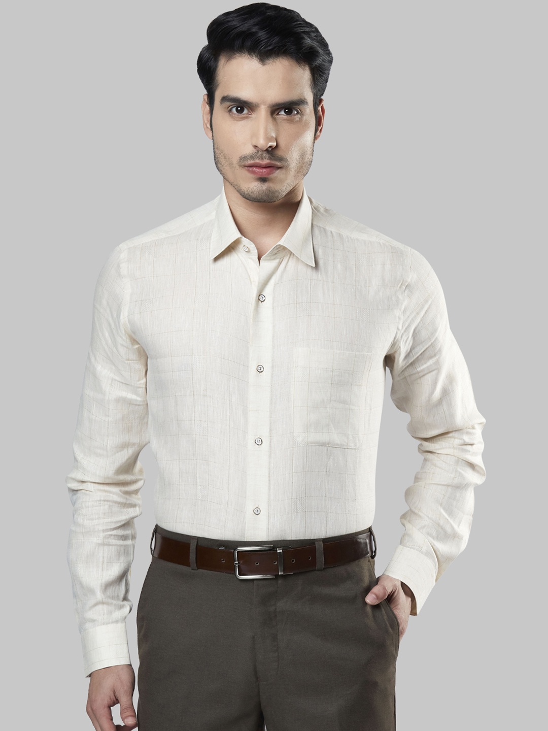 

Raymond Men Beige Regular Fit Checked Formal Linen Shirt