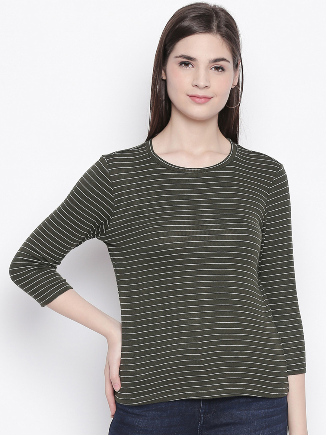 

Honey by Pantaloons Women Olive Green Striped Top