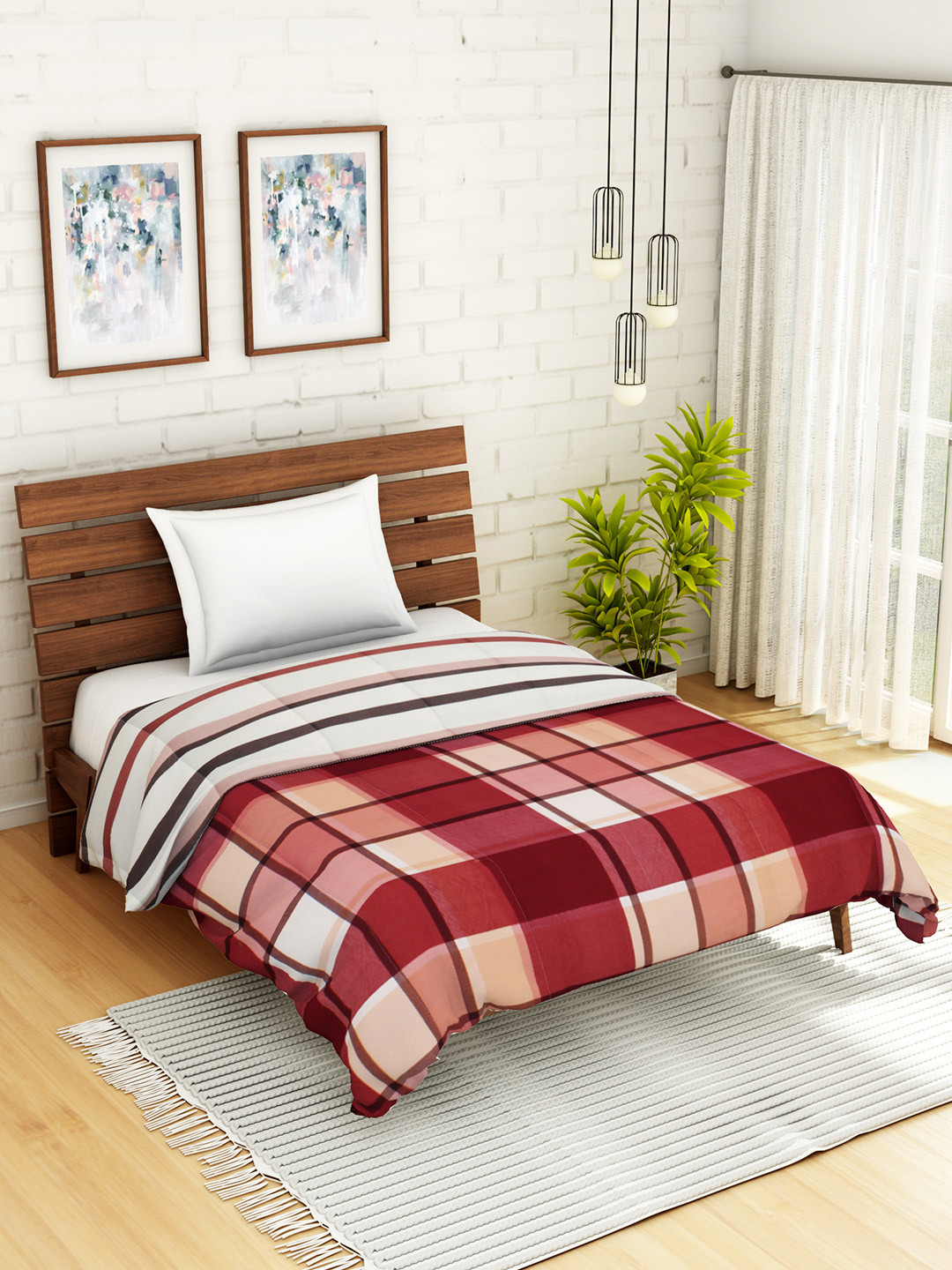 

WELHOME Red & White Checked AC Room 110 GSM Single Bed Quilt