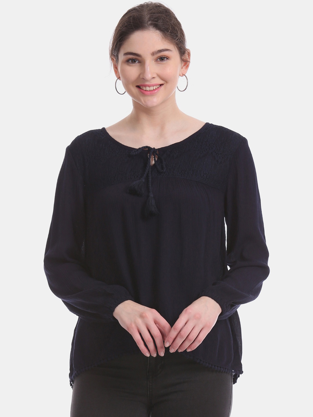 

Aeropostale Women Navy Blue Self Design A-Line Top