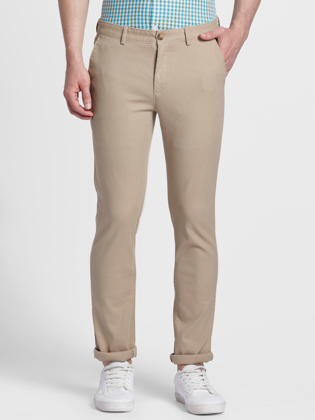 

ColorPlus Men Beige Regular Fit Self Design Regular Trousers