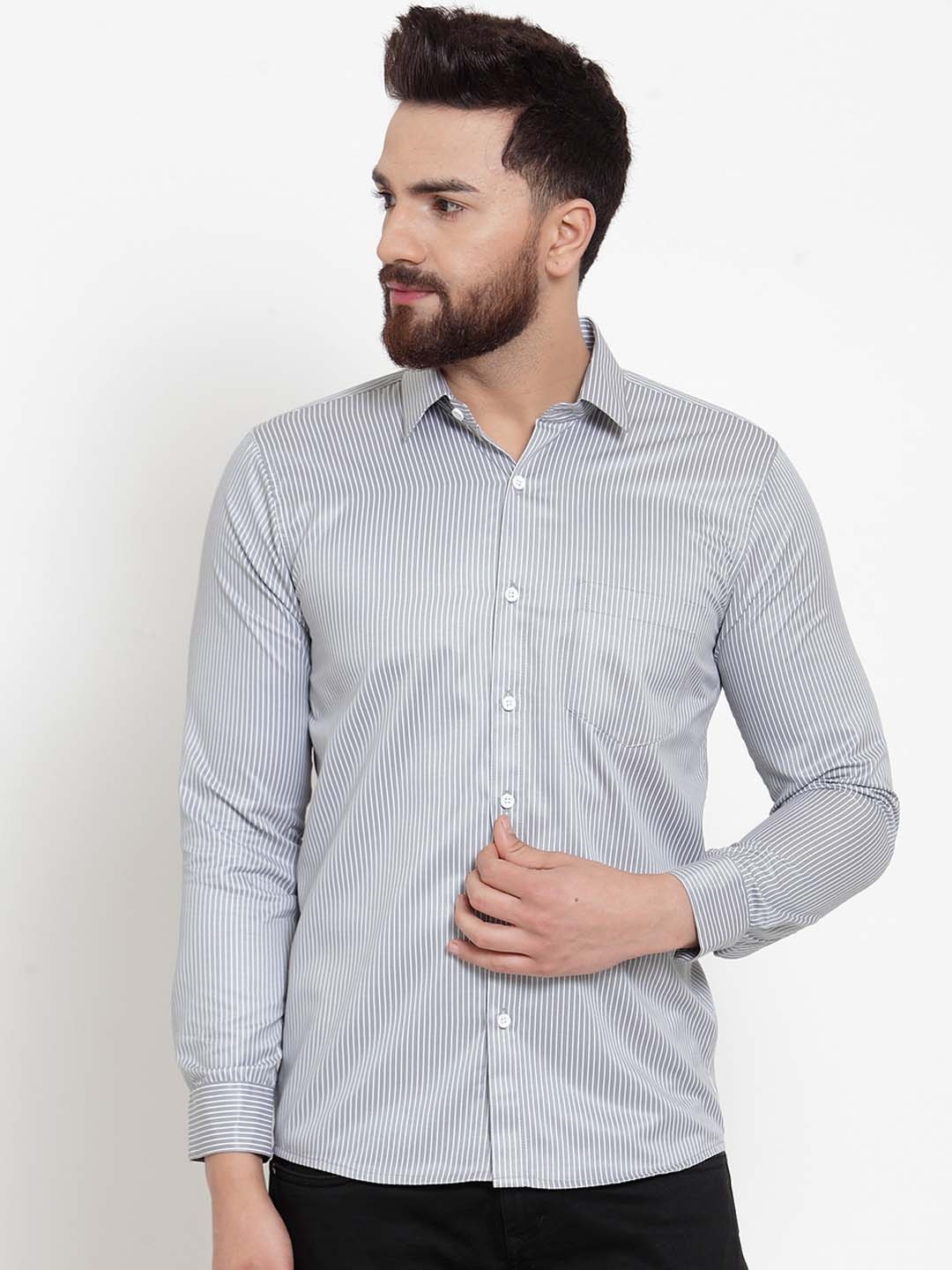 

JAINISH Men Grey & White Regular Fit Striped Casual Shirt