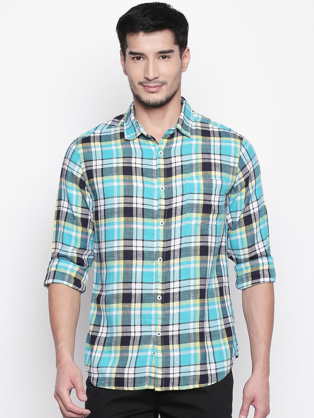 

Urban Ranger by pantaloons Men Green & Blue Slim Fit Checked Casual Shirt