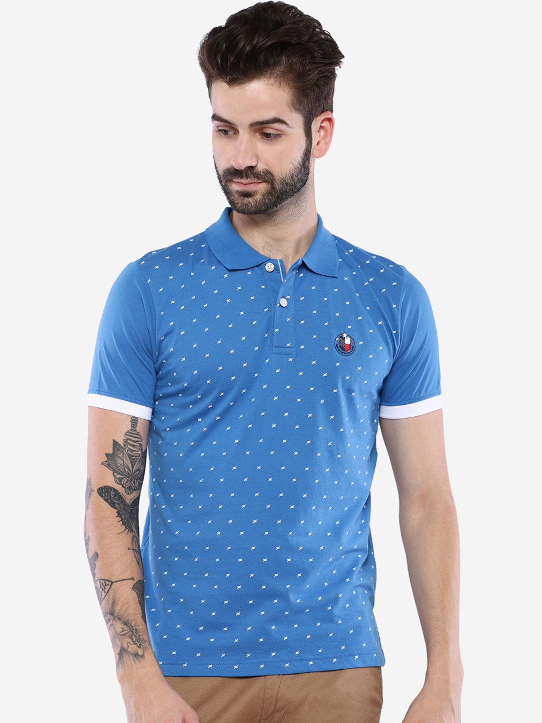 

Duke Men Blue Printed Polo Collar T-shirt