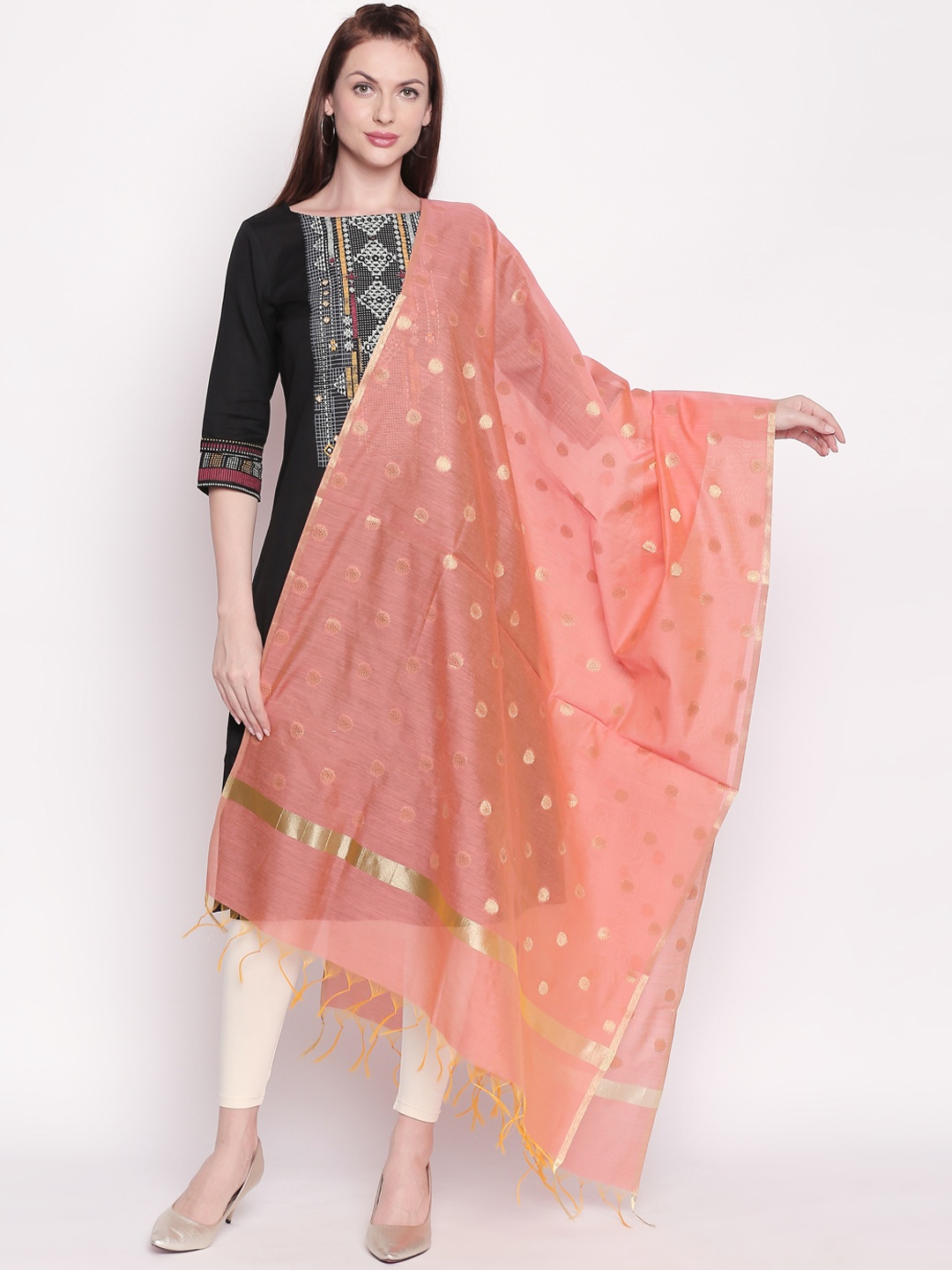 

RANGMANCH BY PANTALOONS Peach-Coloured & Gold-Coloured Embroidered Dupatta