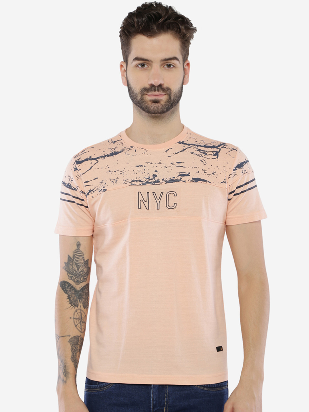 

Duke Men Pink & Navy Blue Printed Round Neck T-shirt