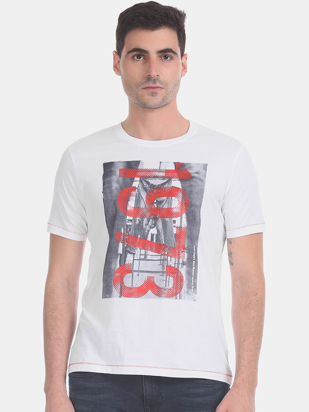 

Cherokee Men White Printed Round Neck Pure Cotton T-shirt