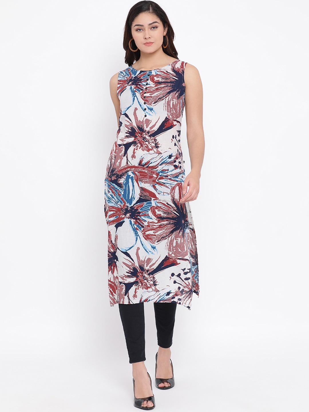 Crimsoune Club Women White & Red Printed Straight Kurta