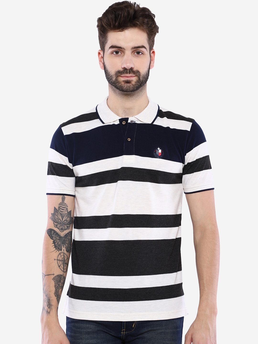 Duke Men Off-White & Navy Blue Striped Polo Collar T-shirt