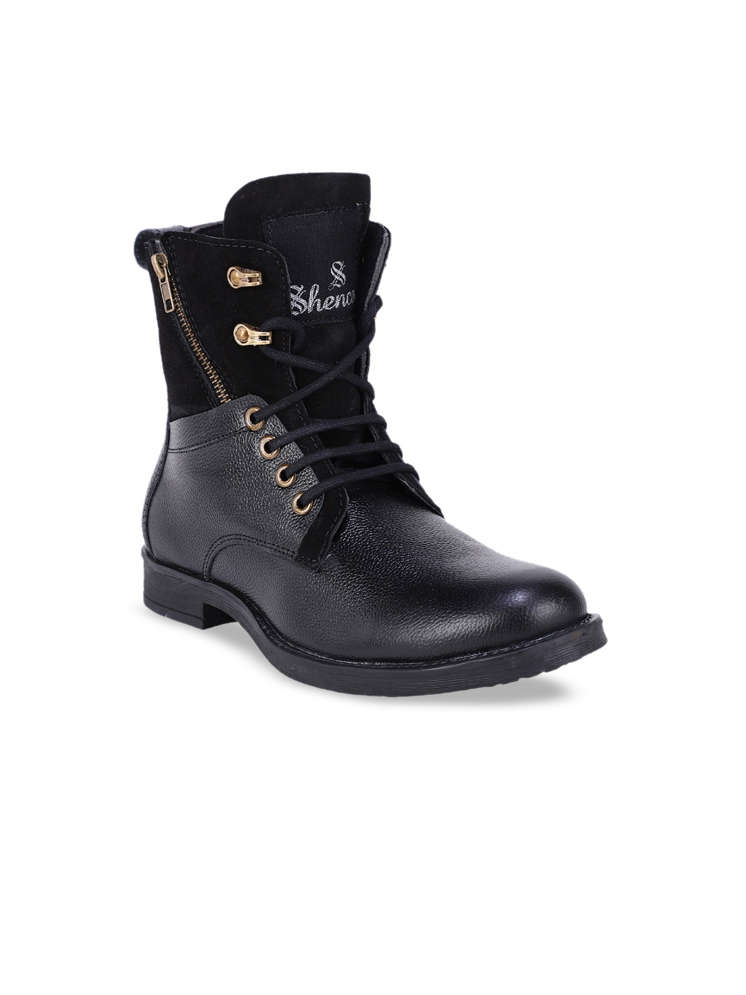 

SHENCES Men Black Colourblocked Genuine Leather High-Top Flat Boots