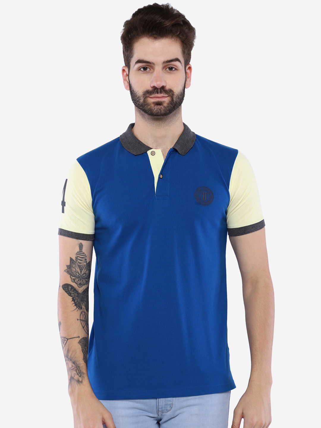 

Duke Men Blue & Yellow Solid Polo Collar T-shirt