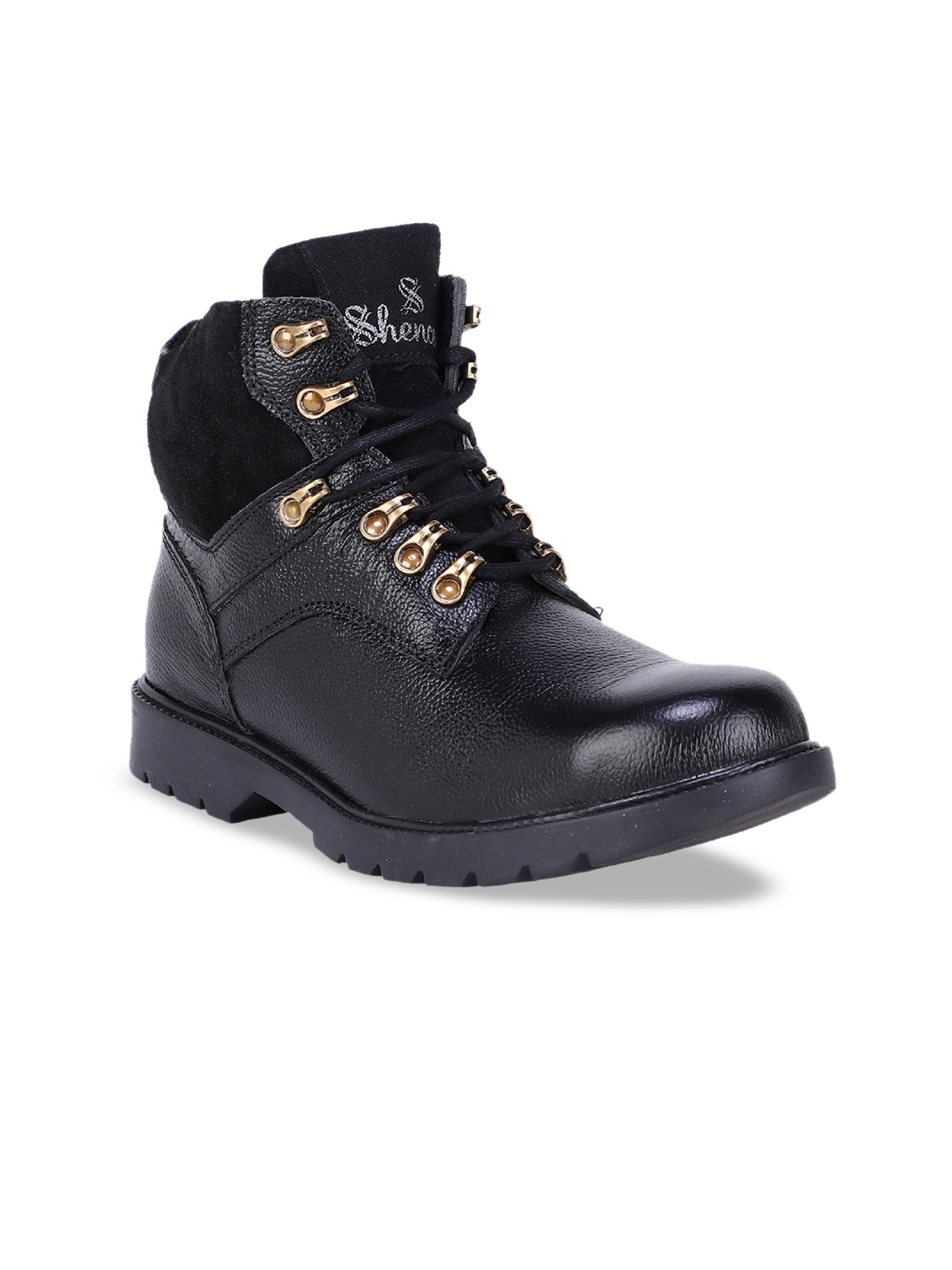 

SHENCES Men Black Leather Mid-Top Flat Boots