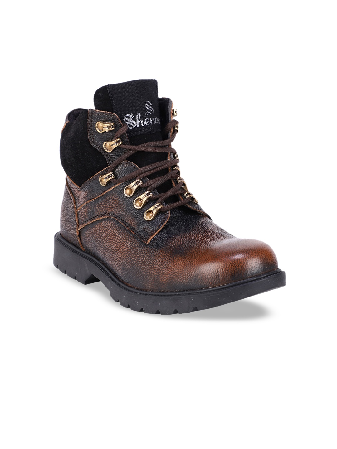 

SHENCES Men Brown Textured Flat Leather Boots