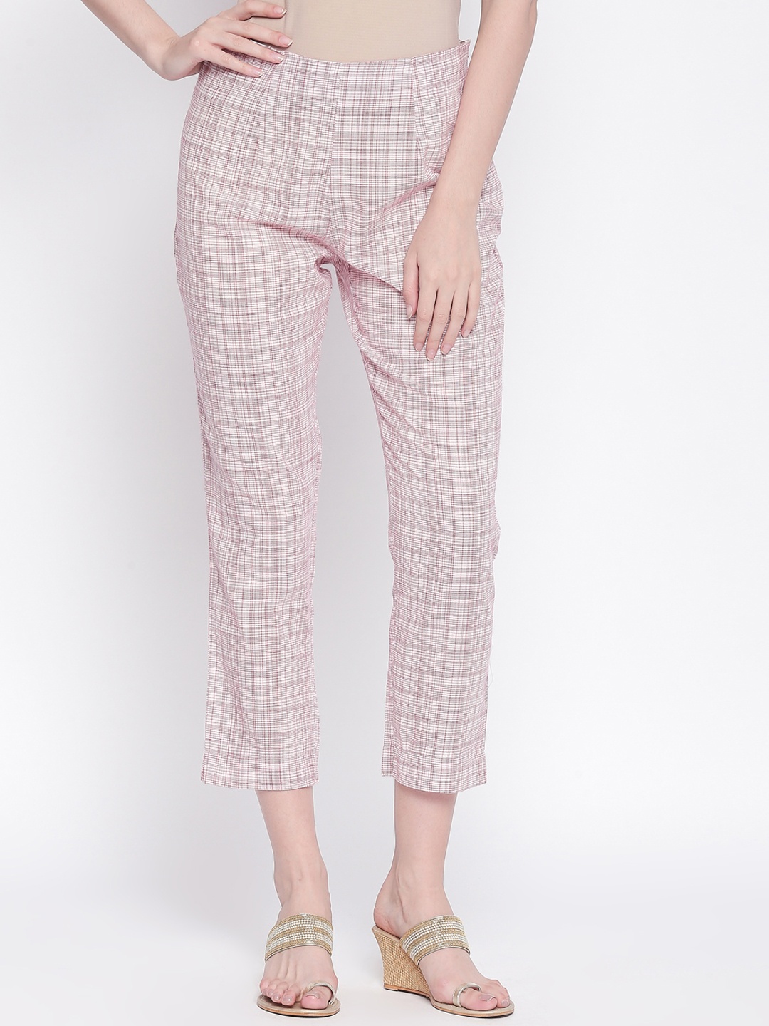 

RANGMANCH BY PANTALOONS Women Red & Off-White Regular Fit Checked Peg Trousers