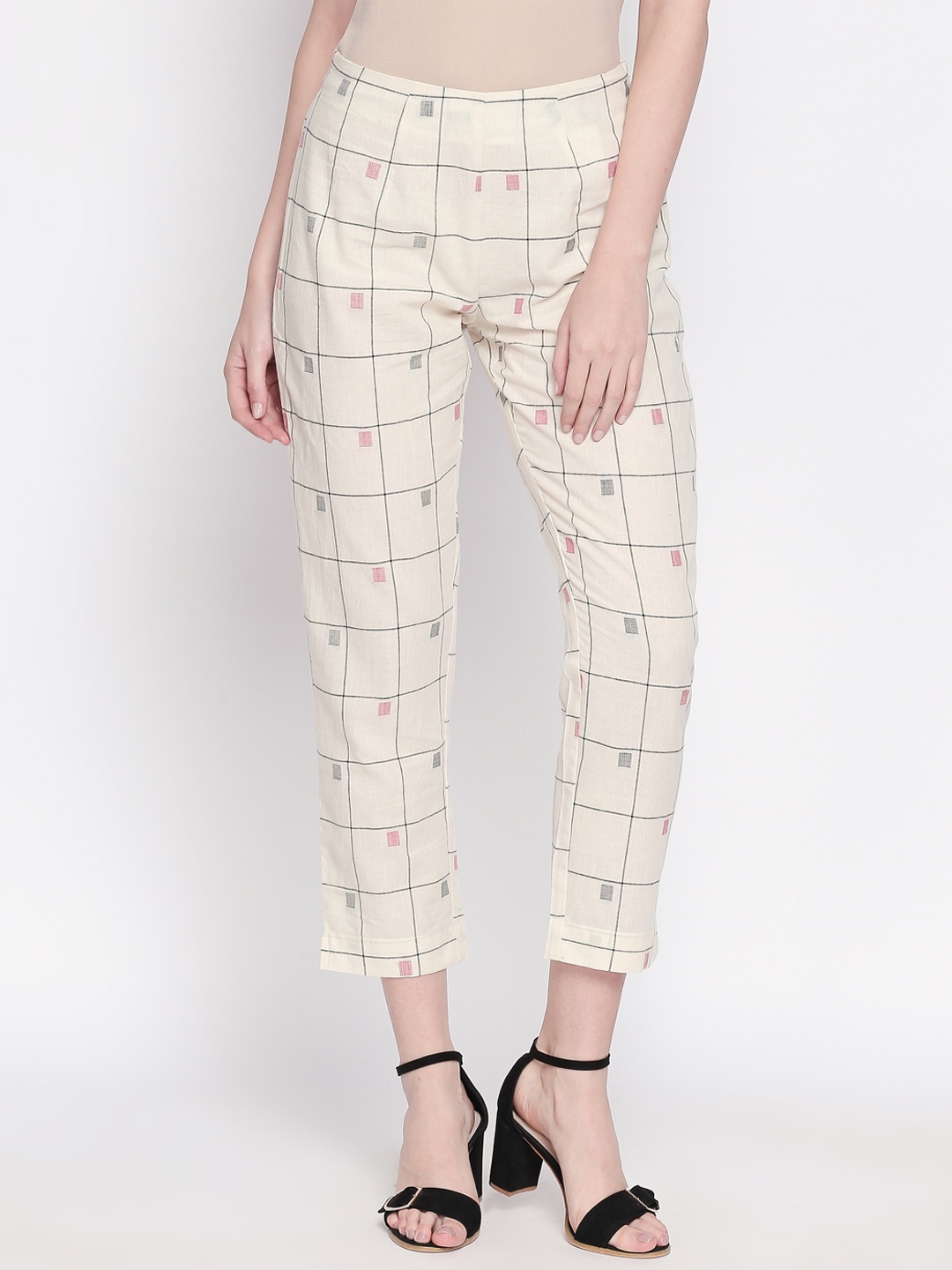 RANGMANCH BY PANTALOONS Women Off-White & Black Regular Fit Checked Peg Trousers