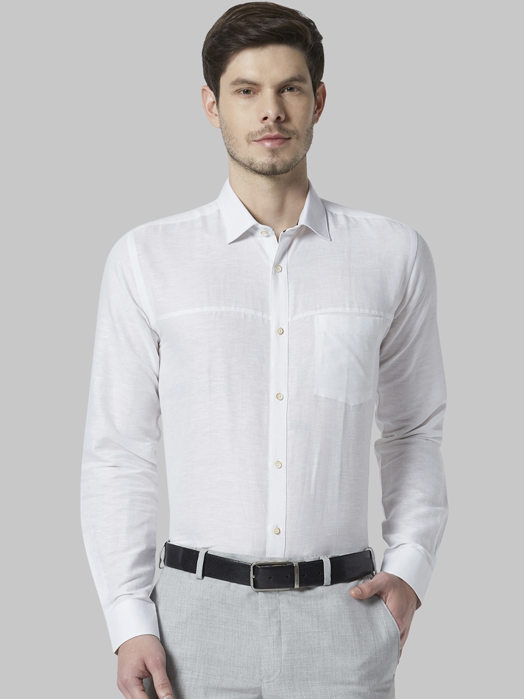 Park Avenue Men White Slim Fit Solid Linen Formal Shirt