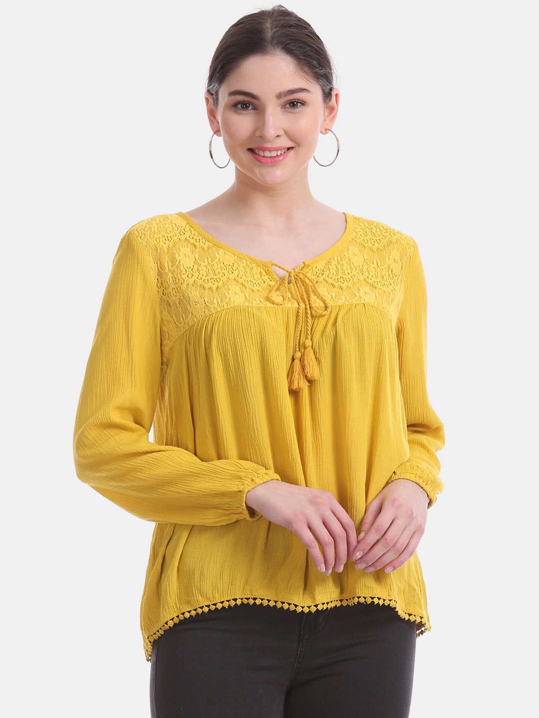 

Aeropostale Women Mustard Yellow Self Design A-Line Top
