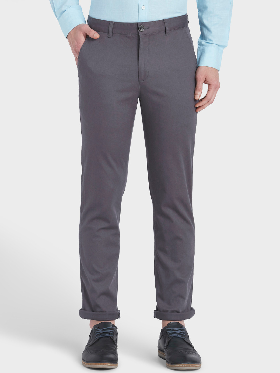 

ColorPlus Men Grey Tapered Fit Solid Regular Trousers