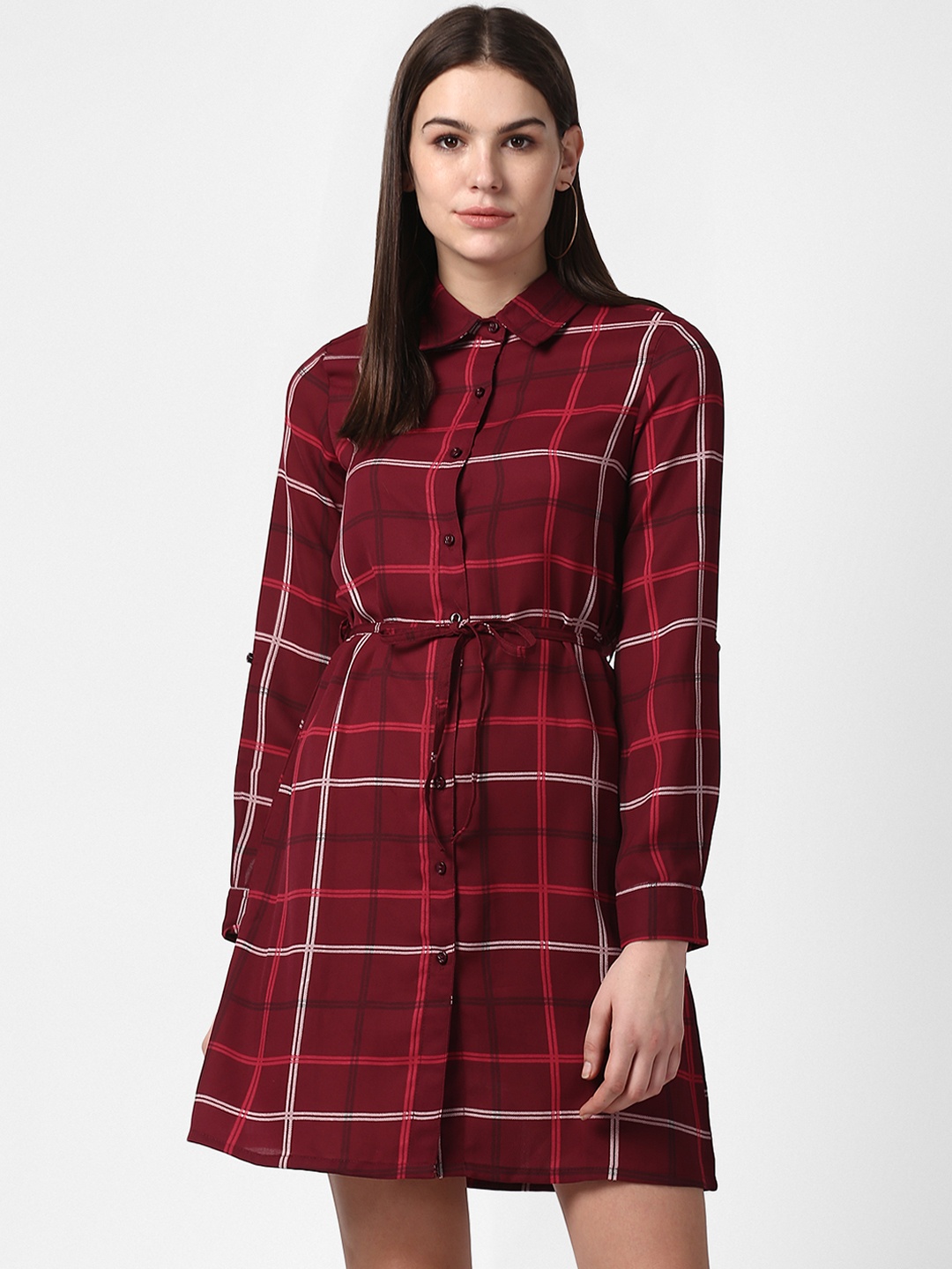 

StyleStone Women Maroon Checked Shirt Dress