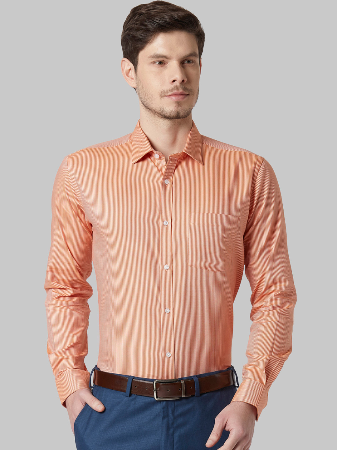

Park Avenue Men Orange Slim Fit Striped Formal Shirt