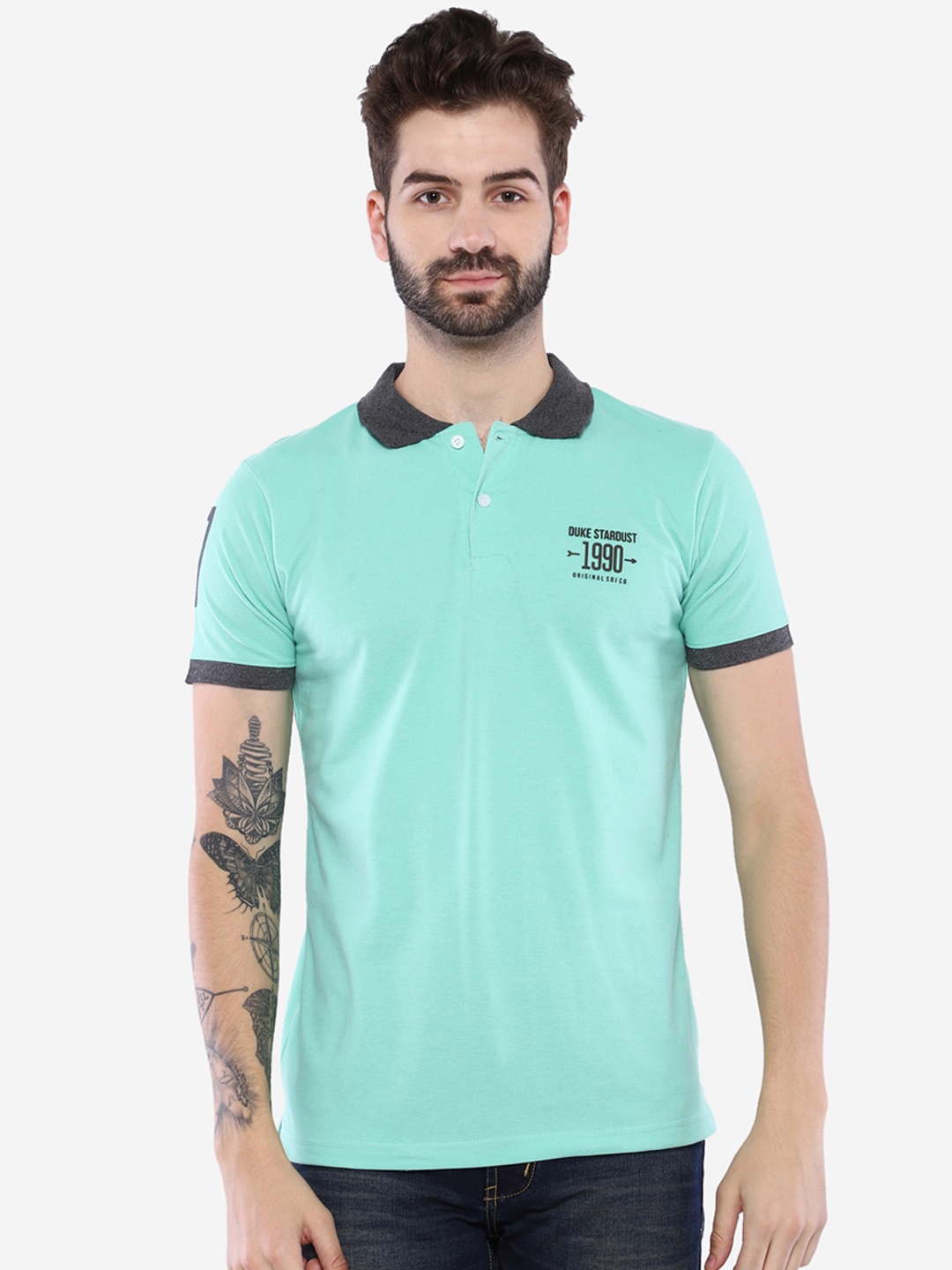 

Duke Men Sea Green Solid Polo Collar T-shirt