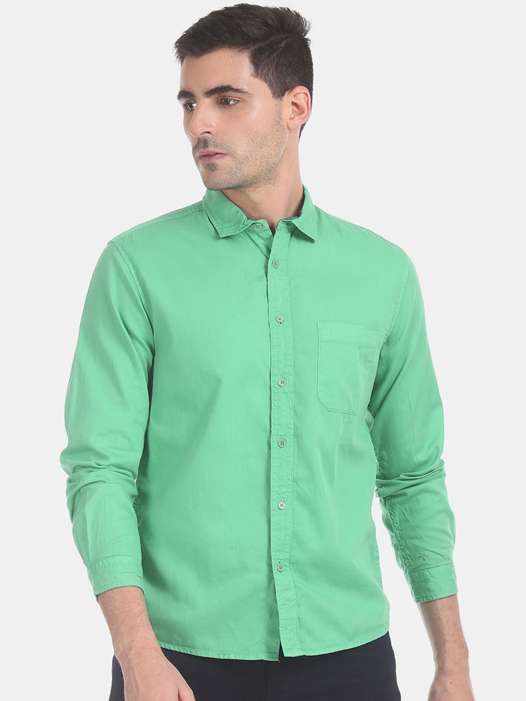 Cherokee Men Green Regular Fit Denim Weave Solid Casual Shirt