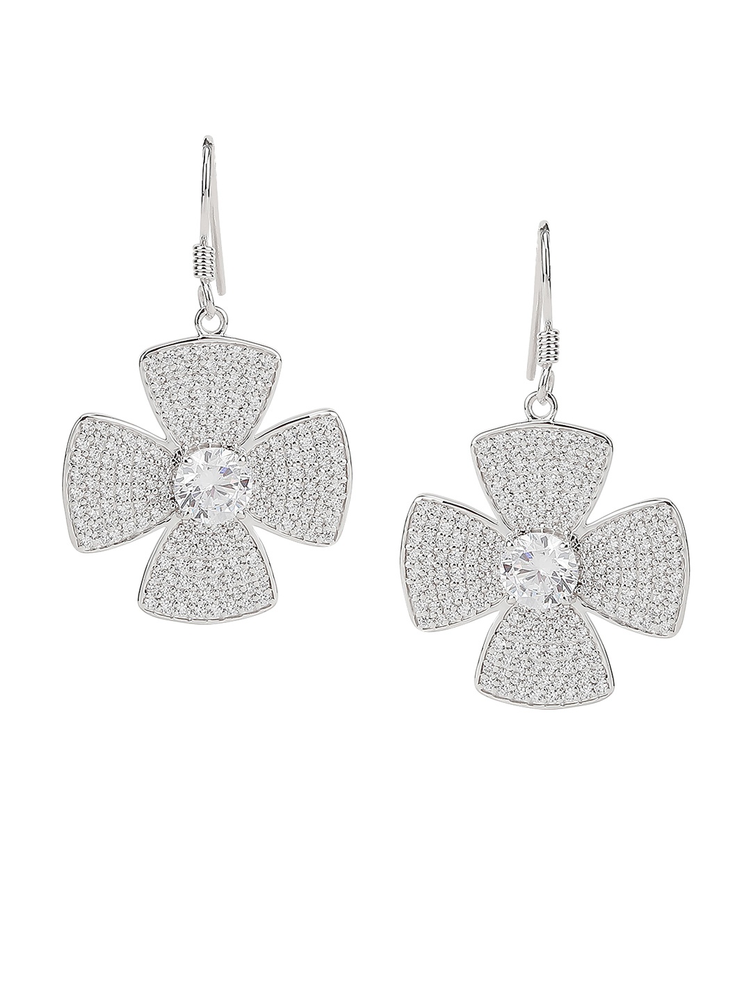 

Silgo Rhodium-Plated & Silver-Toned CZ-Studded Floral Drop Earrings