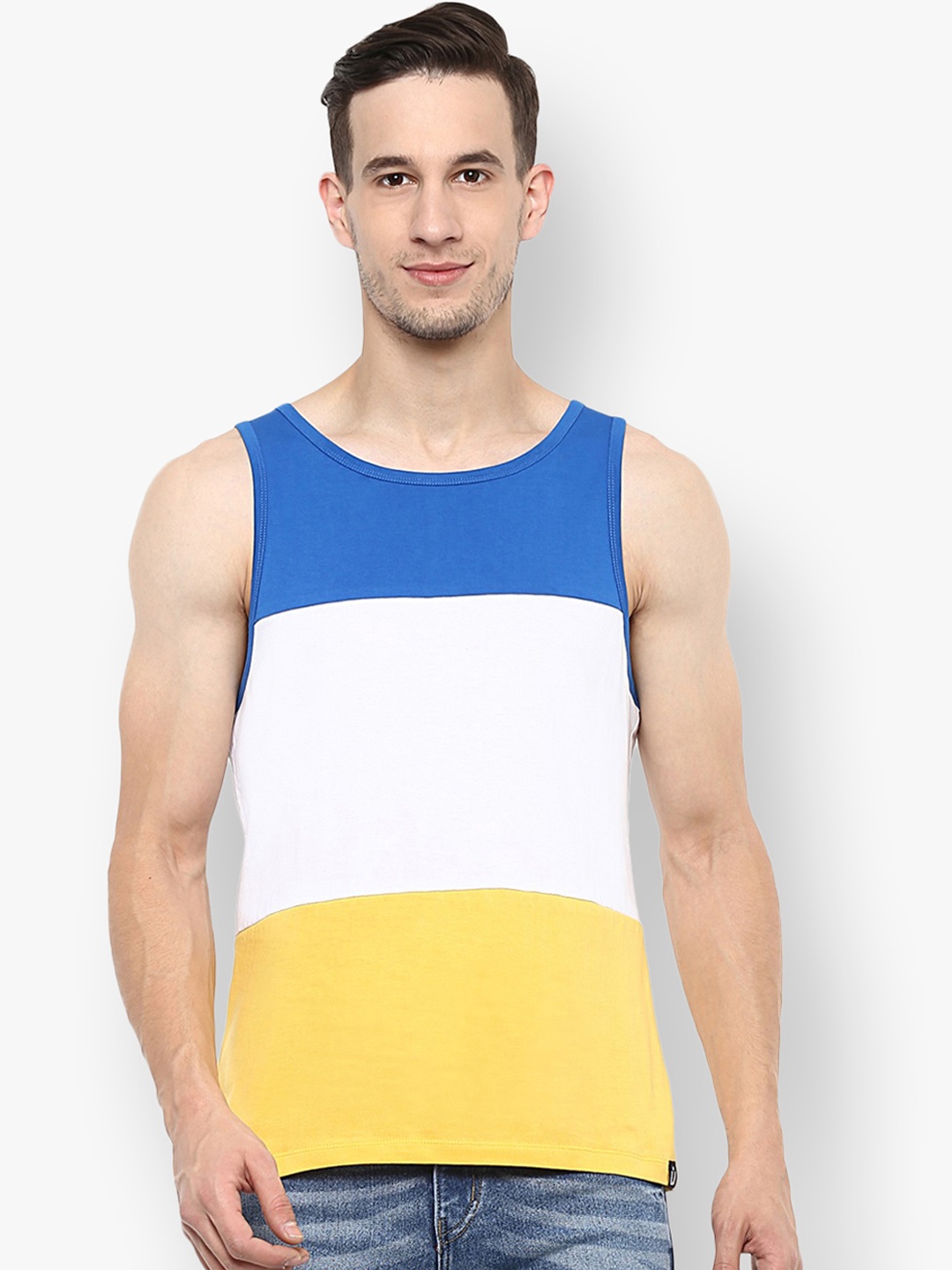 

Urbano Fashion Men Blue White Colourblocked Round Neck Pure Cotton T-shirt