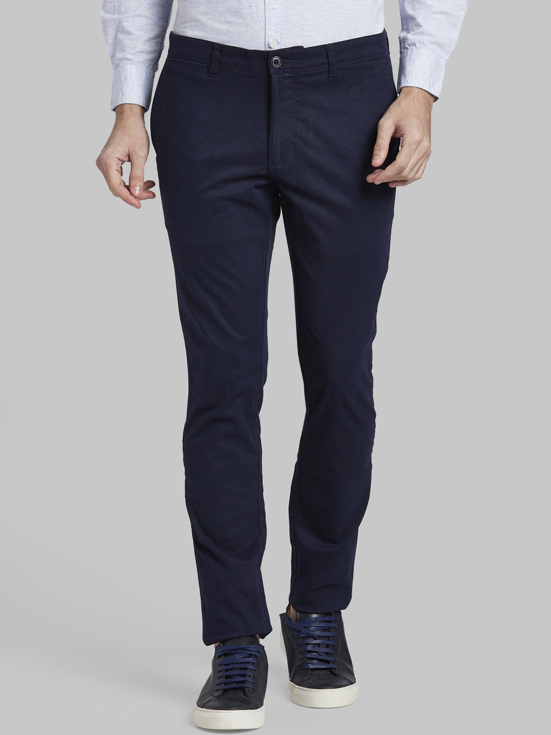 

Parx Men Navy Blue Slim Fit Self Design Regular Trousers