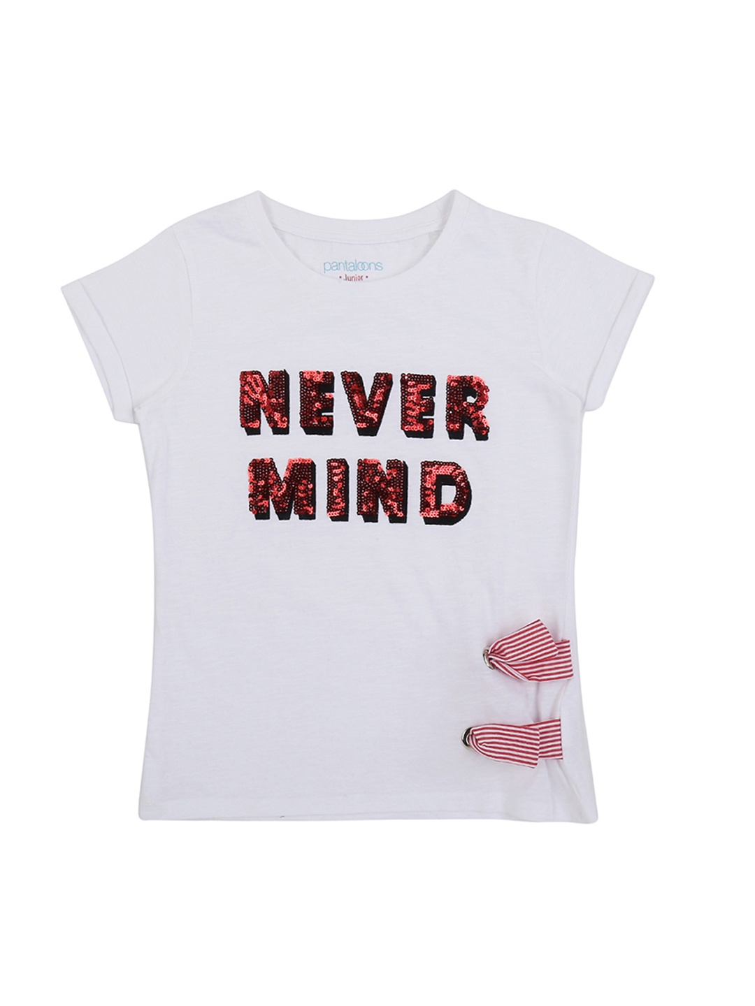 

Pantaloons Junior Girls White Sequinned Round Neck Pure Cotton T-shirt