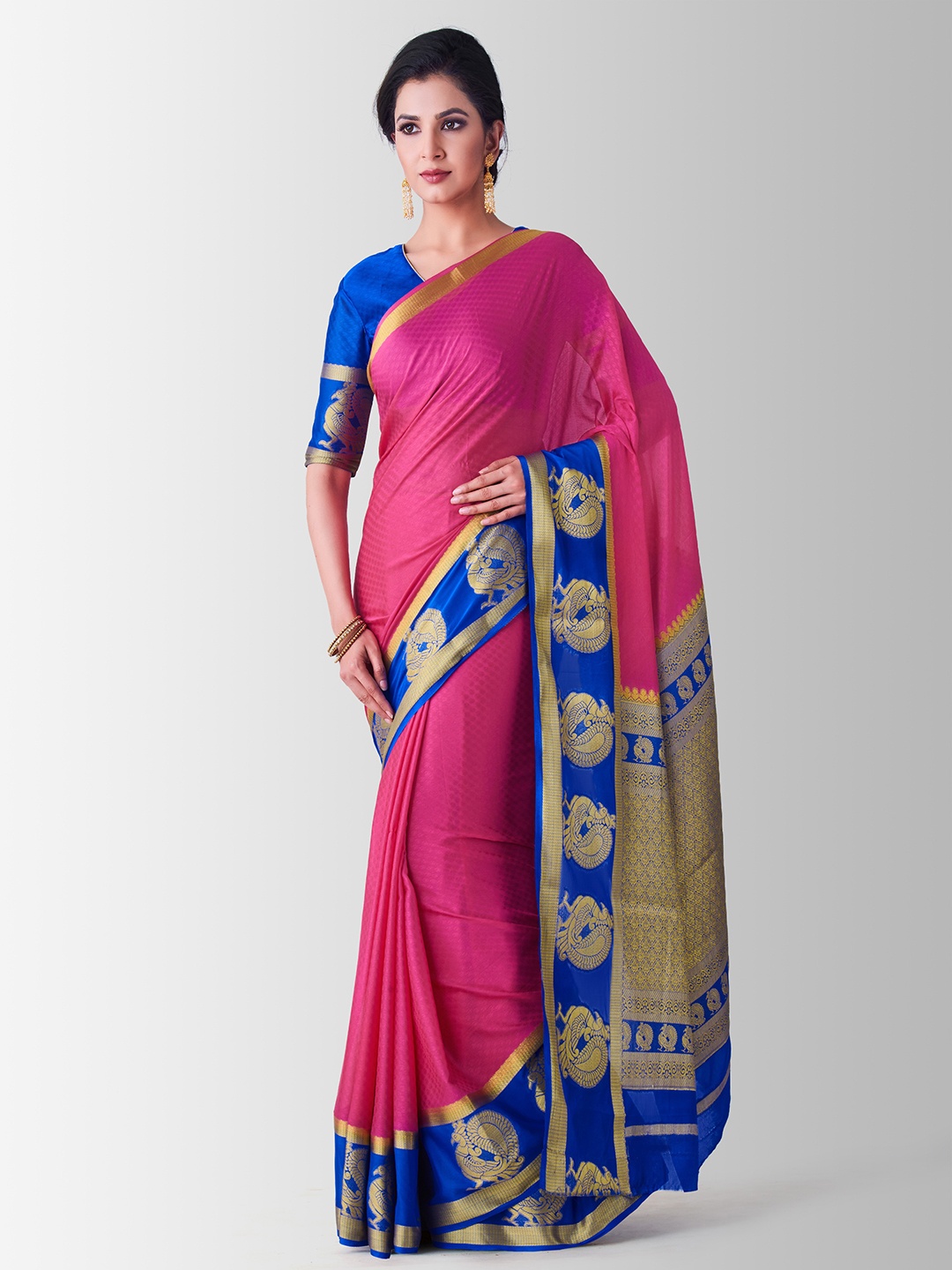

Mitera Pink & Blue Poly Crepe Woven Design Kanjeevaram Saree
