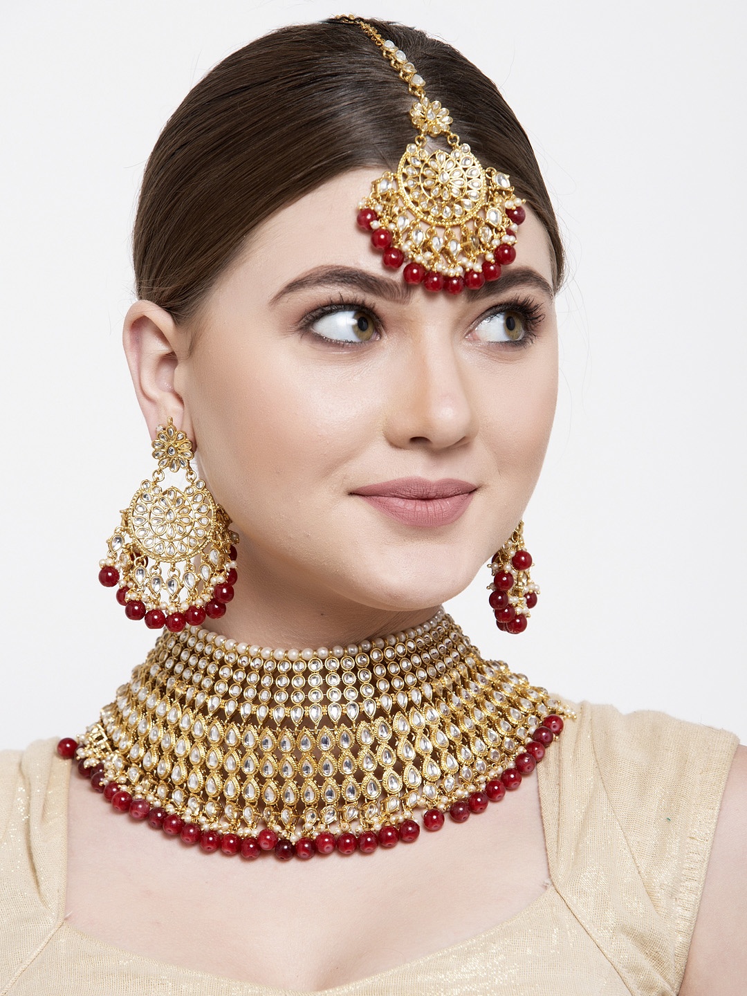 Shining Diva Gold-Plated White & Red Kundan Studded Pearl Beaded Choker Jewellery Set