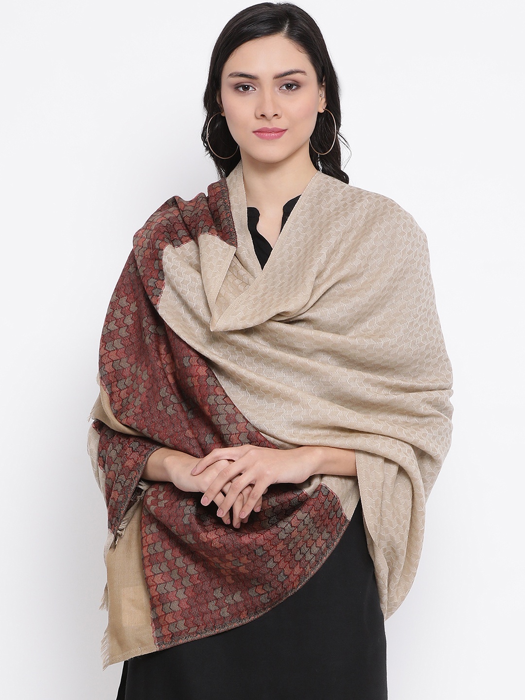 

SHINGORA Women Beige & Maroon Woven Design Pure Woolen Jacquard Weave Shawl