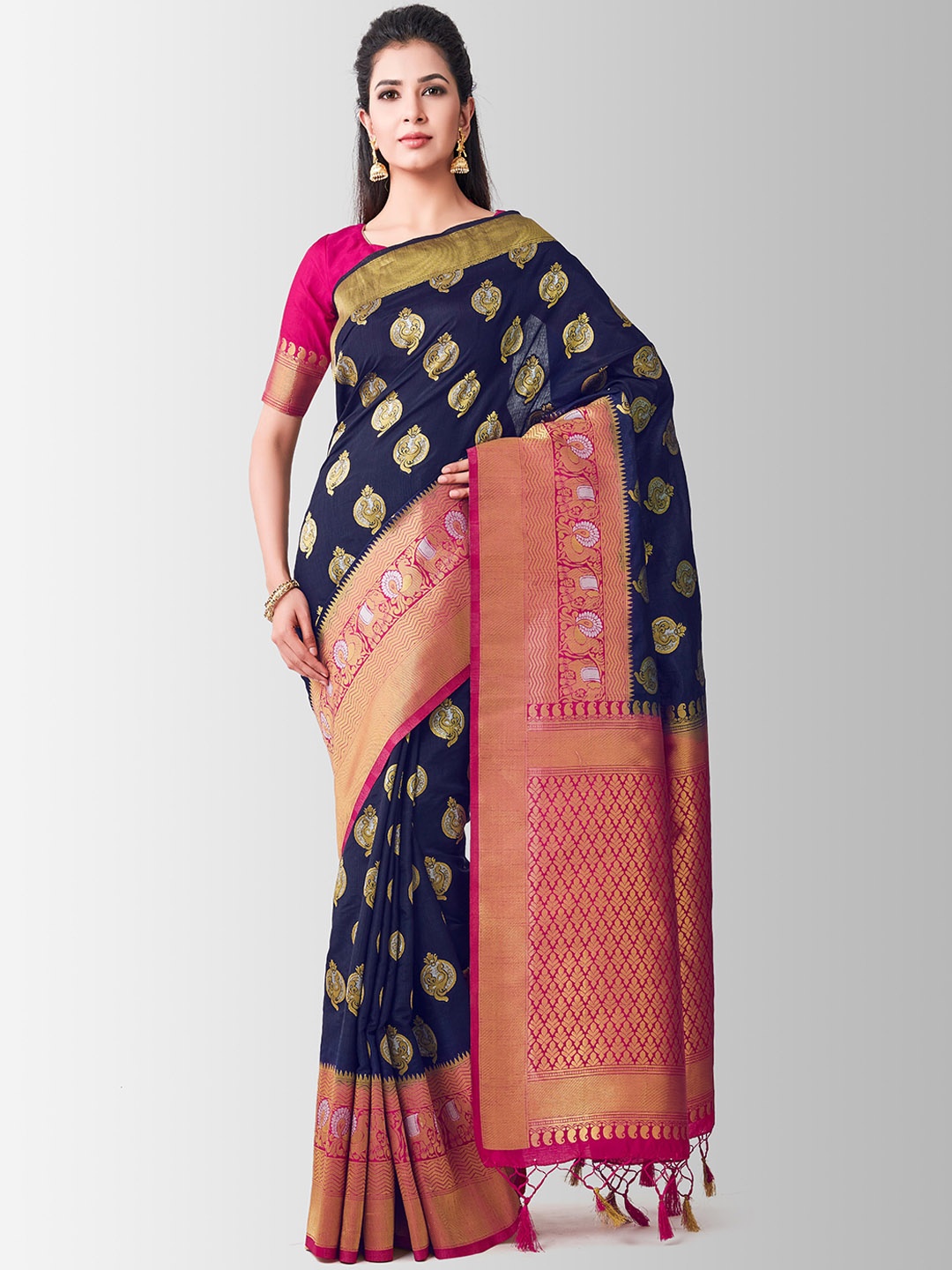 

Mitera Navy Blue Art Silk Woven Design Kanjeevaram Saree