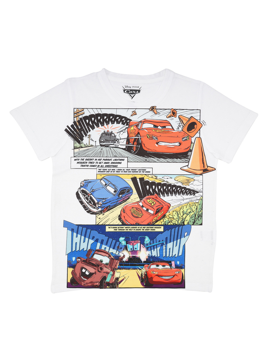 

YK Disney Boys White Cars Printed Round Neck T-shirt