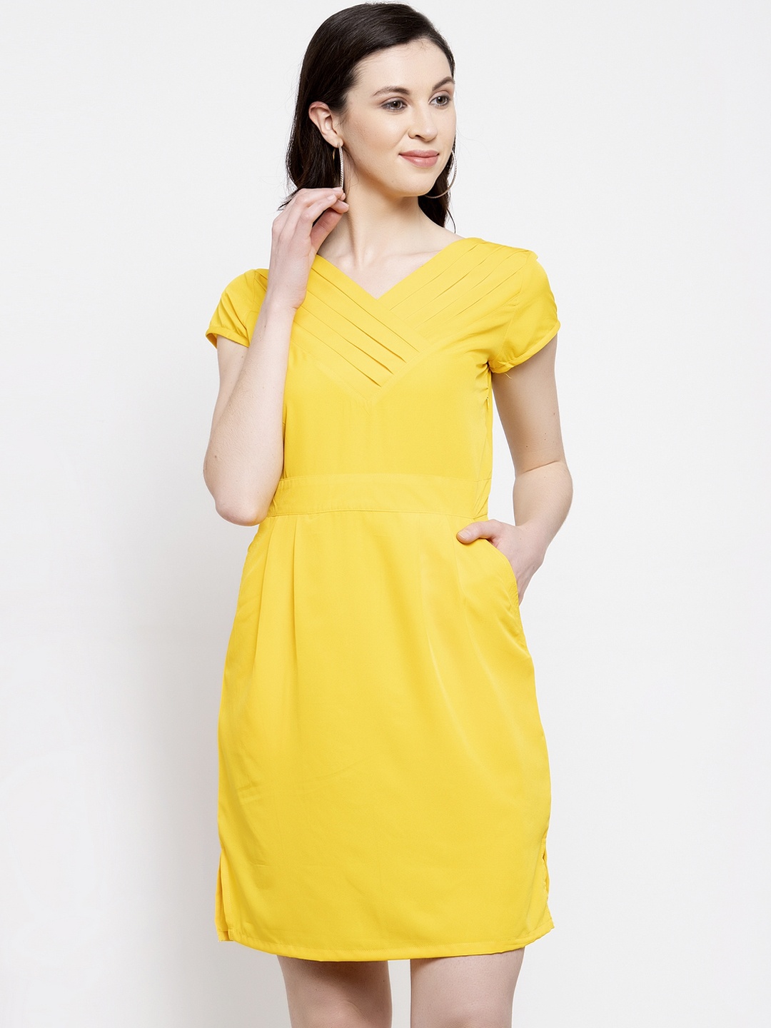 

Karmic Vision Women Yellow Solid Fit and Flare Dress
