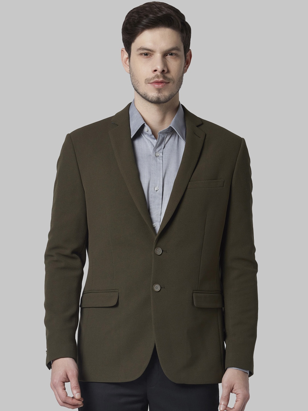 

Park Avenue Men Olive Green Solid Single-Breasted Formal Blazer