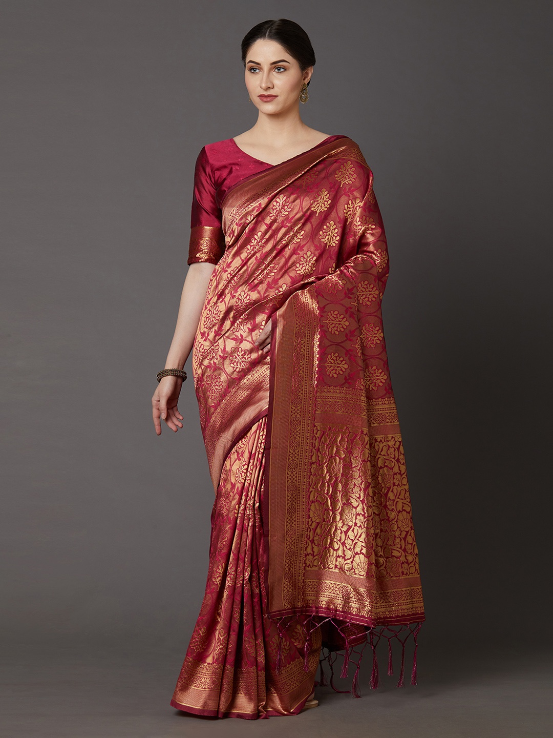 

Mitera Pink Silk Blend Woven Design Banarasi Saree