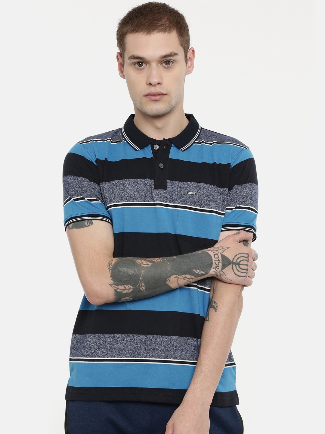 

Proline Men Blue & Grey Striped Polo Collar T-shirt