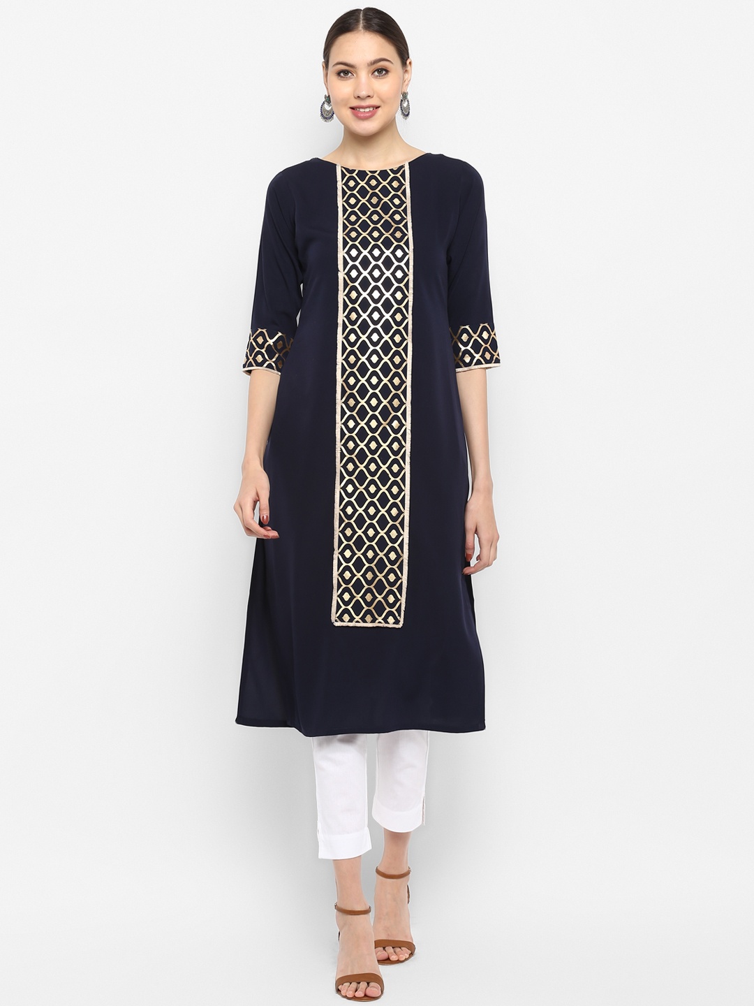 

Janasya Women Navy Blue & Golden Foil Print Straight Kurta