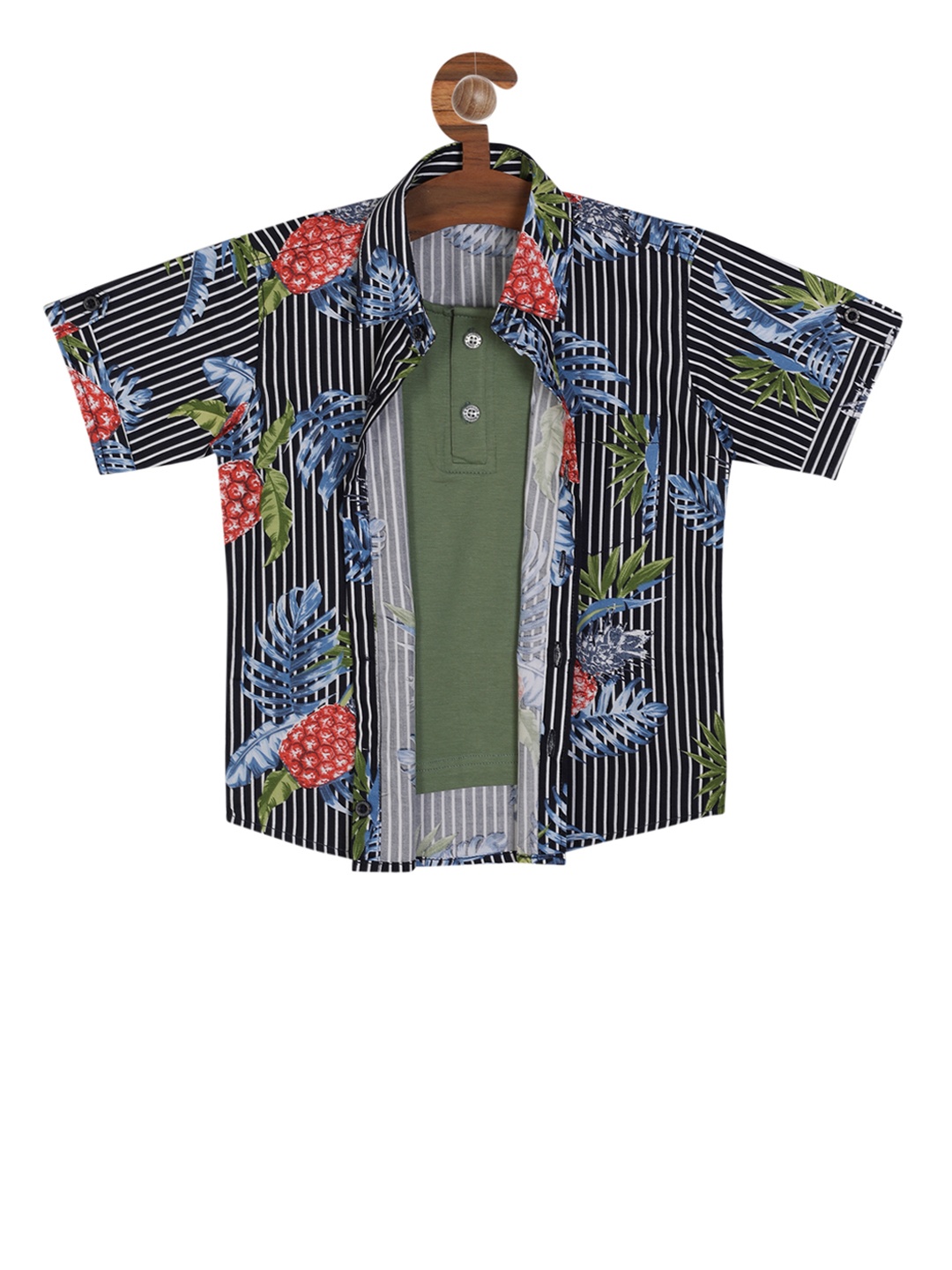 

RIKIDOOS Boys Black & Navy Blue Regular Fit Striped Casual Shirt With Tshirt