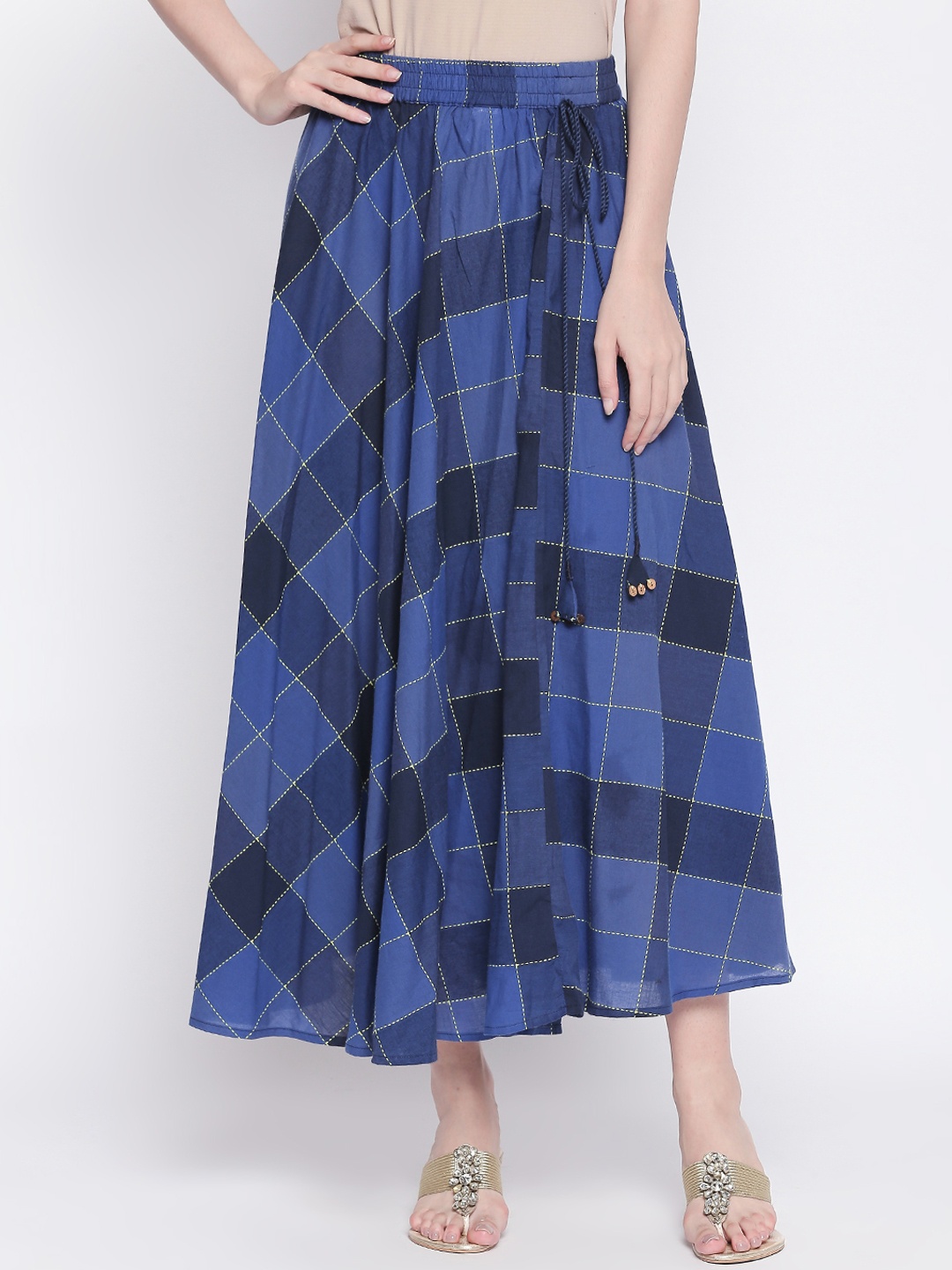 

AKKRITI BY PANTALOONS Women Blue Checked Maxi Flared Skirt