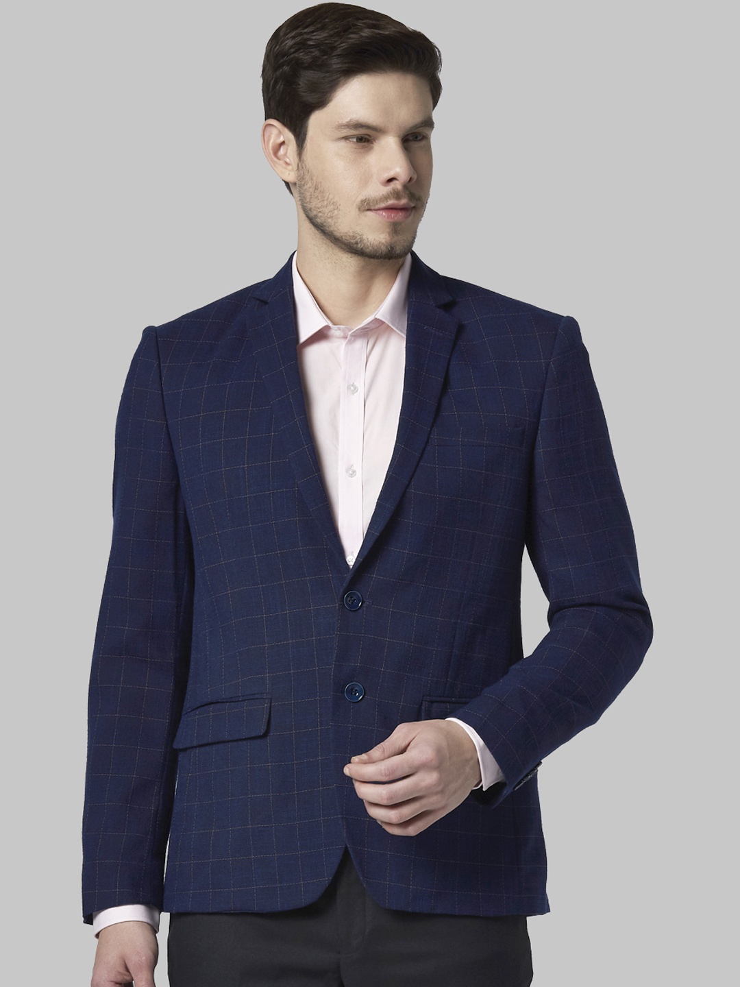 

Park Avenue Men Navy Blue Checked Single-Breasted Formal Blazer
