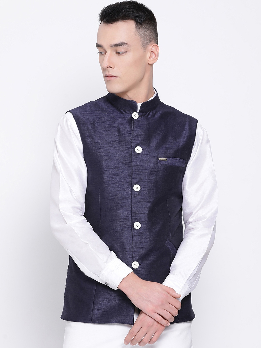 

DEVOILER Men Navy Blue Solid Woven Pure Cotton Nehru Jacket
