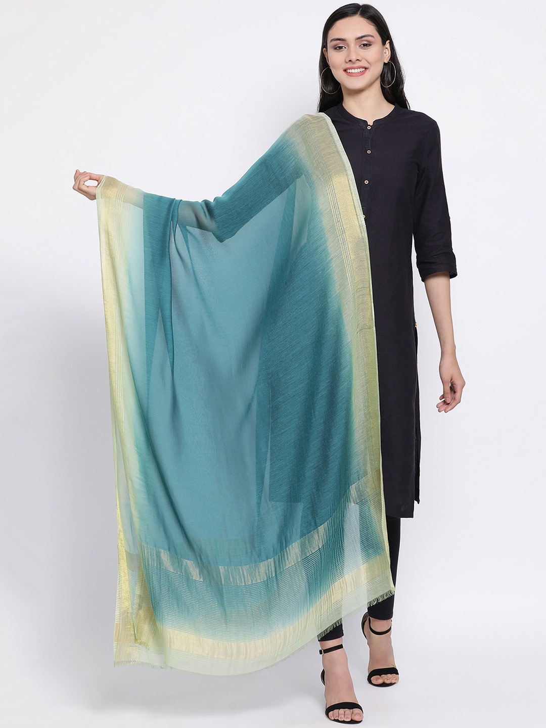 

SHINGORA Teal Blue & Golden Solid Antimicrobial Dupatta